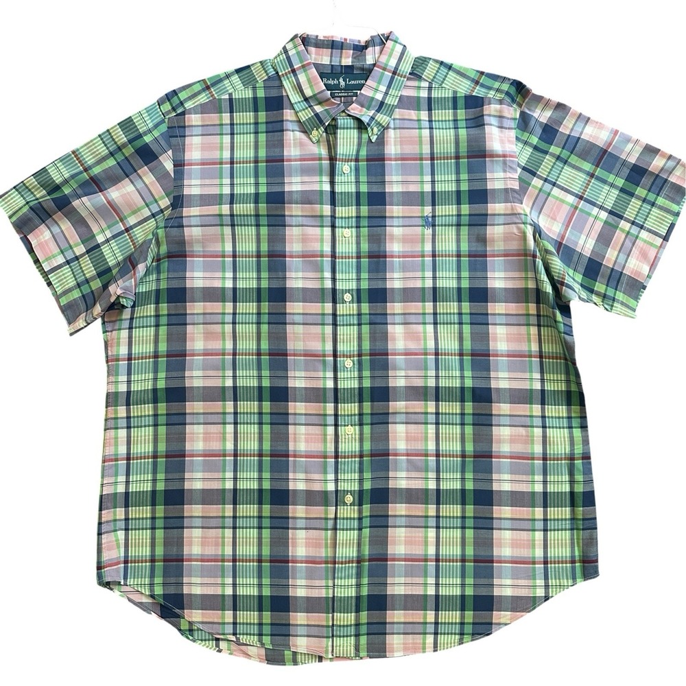Ralph Lauren Classic Fit Mens XL Shirt Plaid Green Blue Short Sleeve Cotton EUC